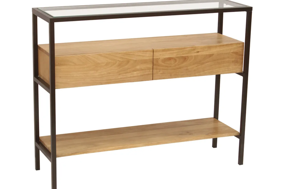 Console en bois clair manguier massif et plateau en verre 2 tiroirs L100 cm SITA