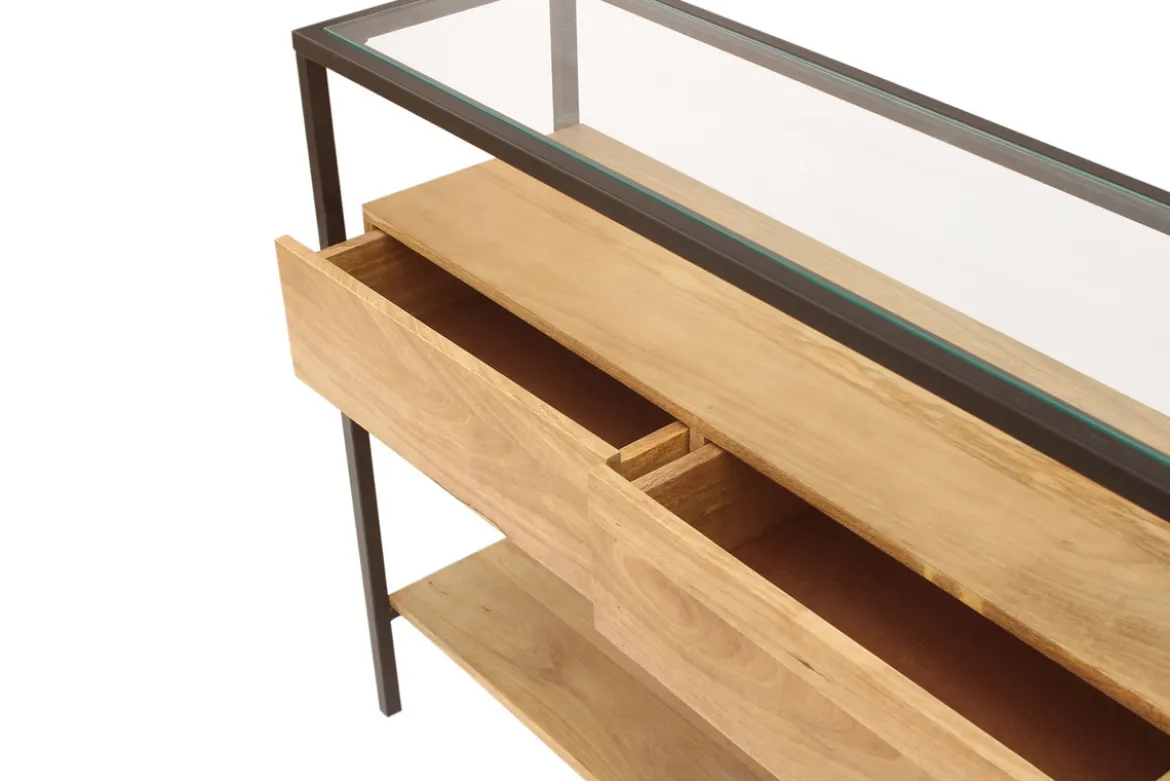 Console en bois clair manguier massif et plateau en verre 2 tiroirs L100 cm SITA