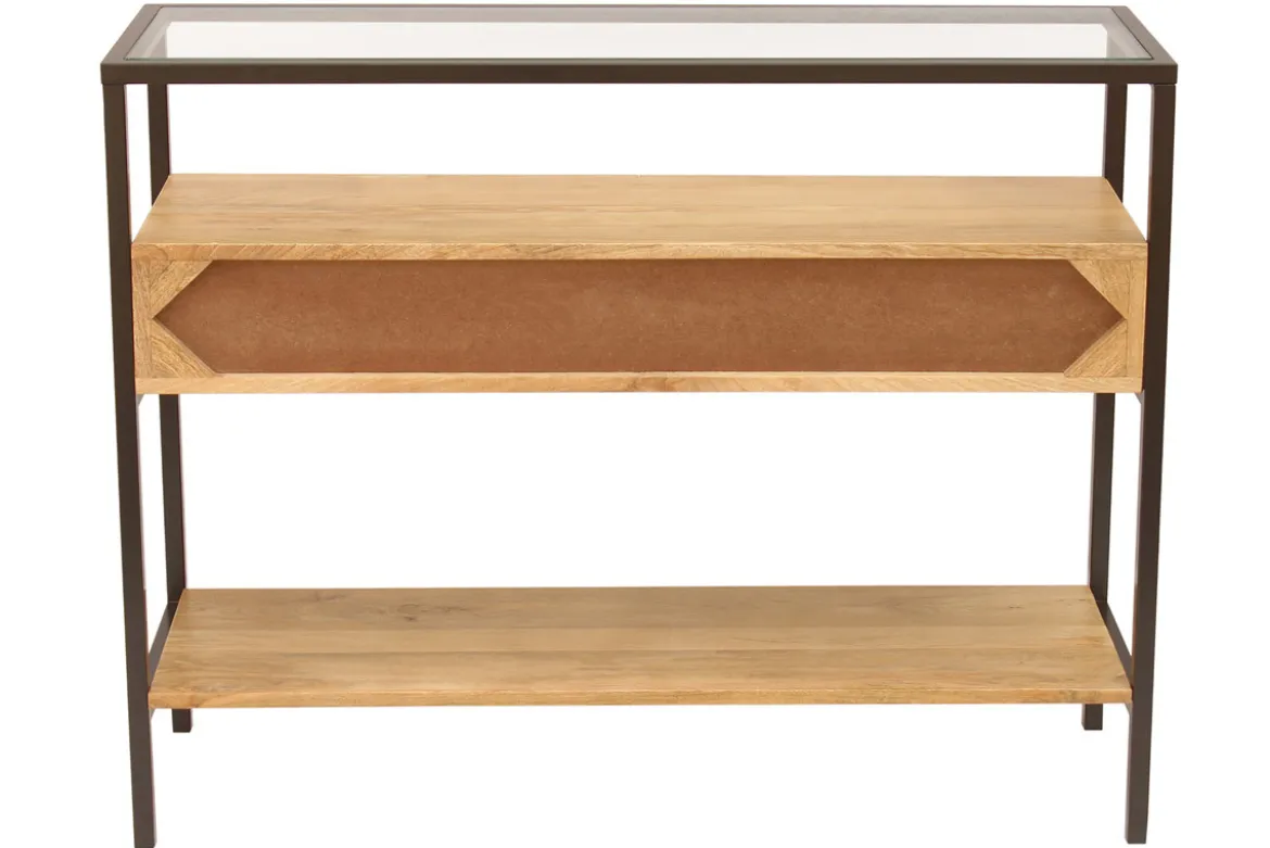 Console en bois clair manguier massif et plateau en verre 2 tiroirs L100 cm SITA
