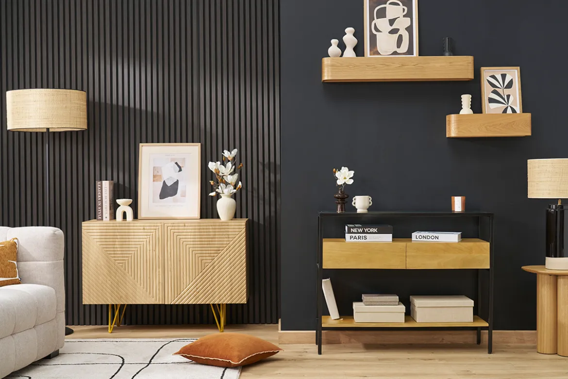 Console en bois clair manguier massif et plateau en verre 2 tiroirs L100 cm SITA