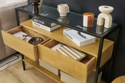 Console en bois clair manguier massif et plateau en verre 2 tiroirs L100 cm SITA