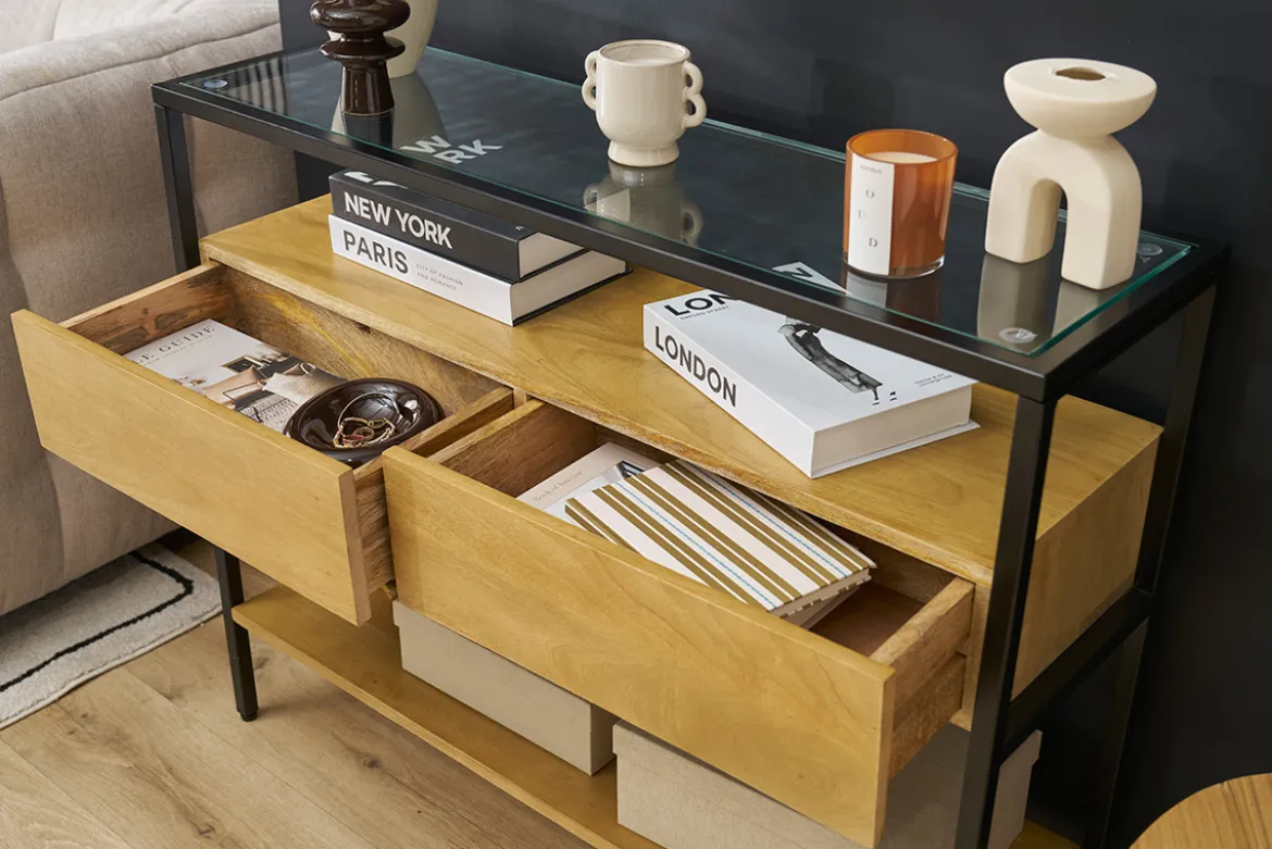 Console en bois clair manguier massif et plateau en verre 2 tiroirs L100 cm SITA