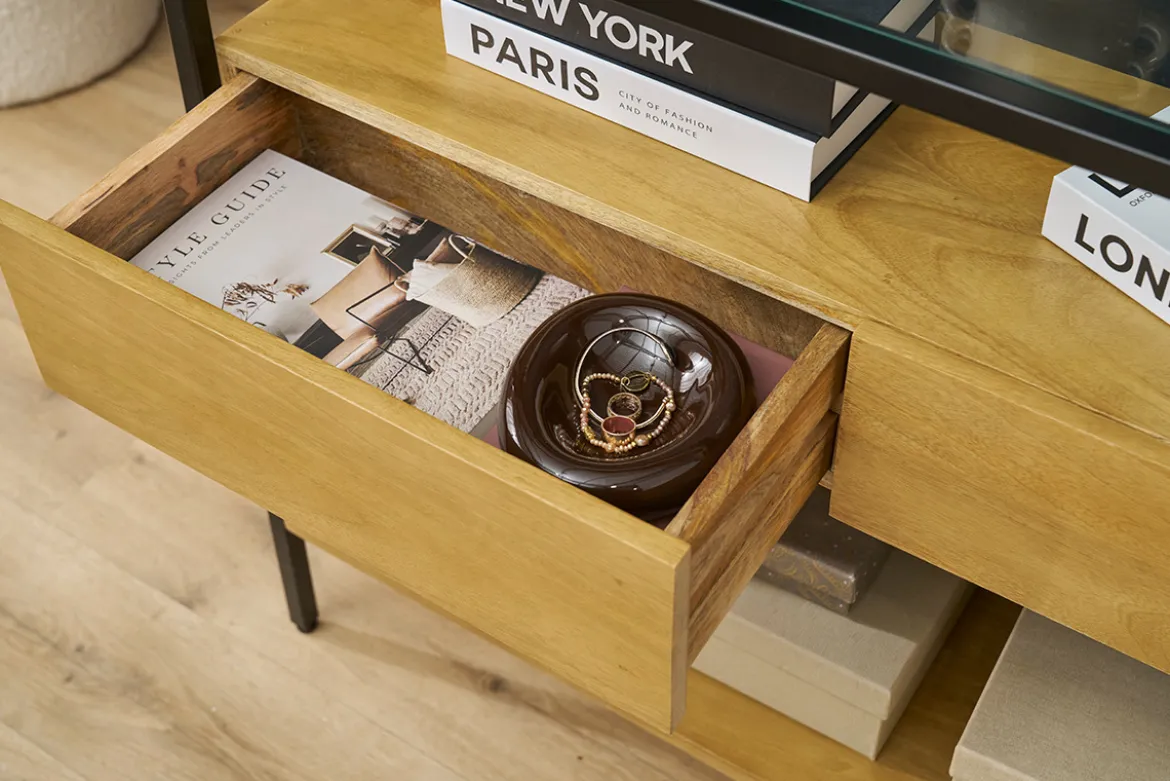 Console en bois clair manguier massif et plateau en verre 2 tiroirs L100 cm SITA