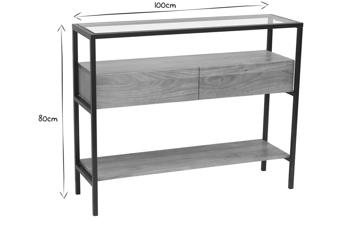 Console en bois clair manguier massif et plateau en verre 2 tiroirs L100 cm SITA