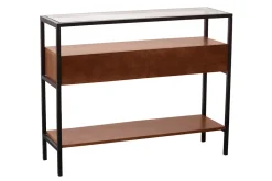 Console en bois foncé manguier massif et plateau en verre 2 tiroirs L100 cm SITA