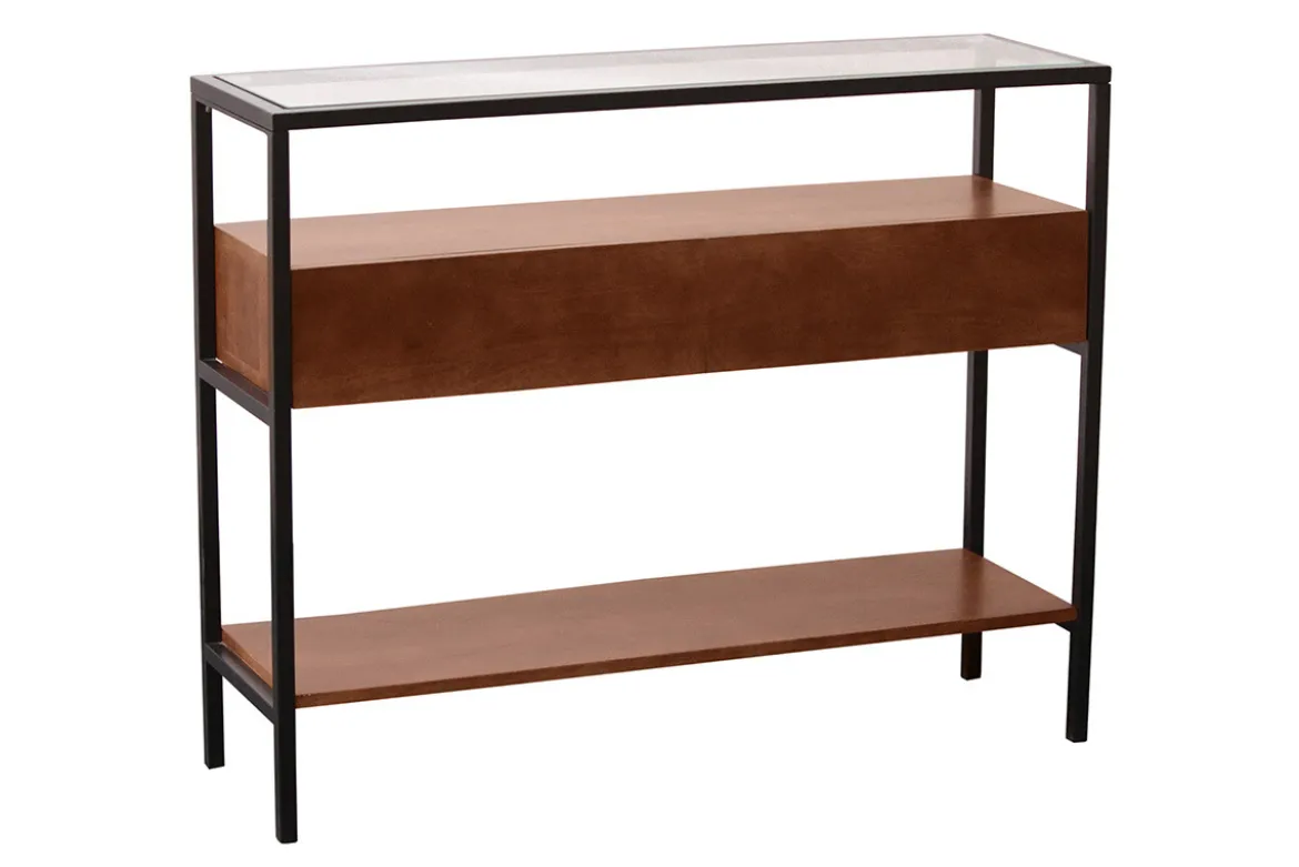 Console en bois foncé manguier massif et plateau en verre 2 tiroirs L100 cm SITA