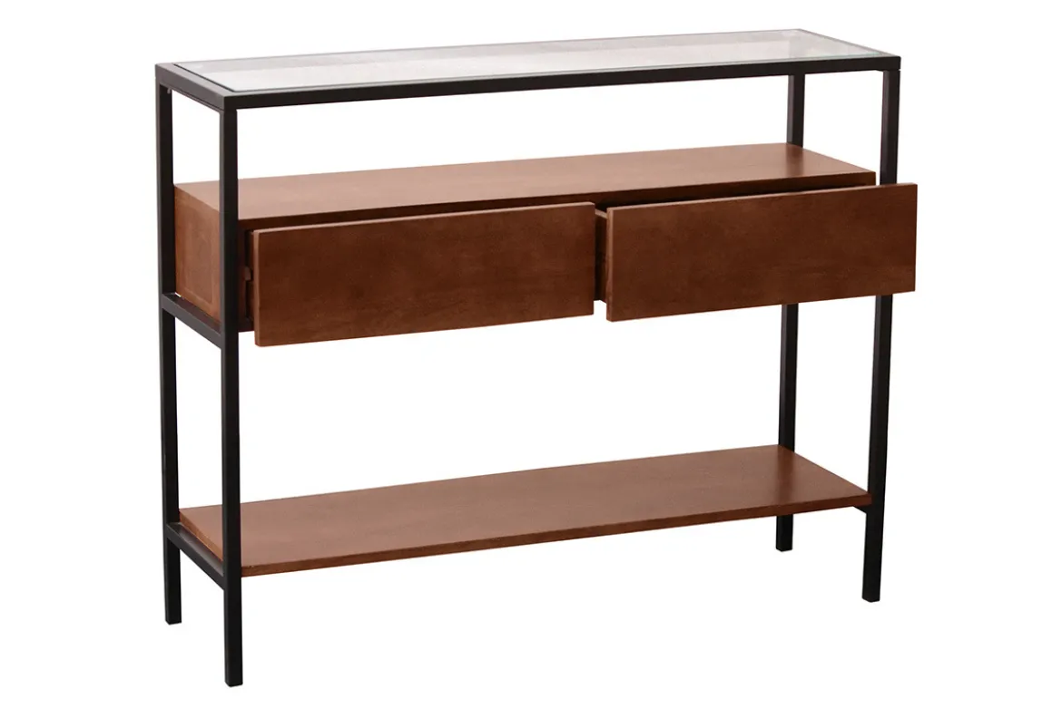 Console en bois foncé manguier massif et plateau en verre 2 tiroirs L100 cm SITA