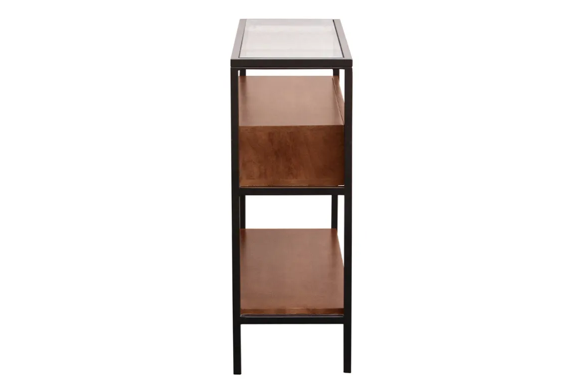 Console en bois foncé manguier massif et plateau en verre 2 tiroirs L100 cm SITA