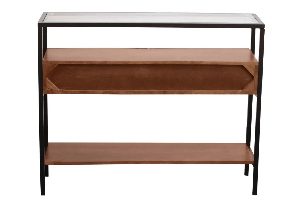 Console en bois foncé manguier massif et plateau en verre 2 tiroirs L100 cm SITA