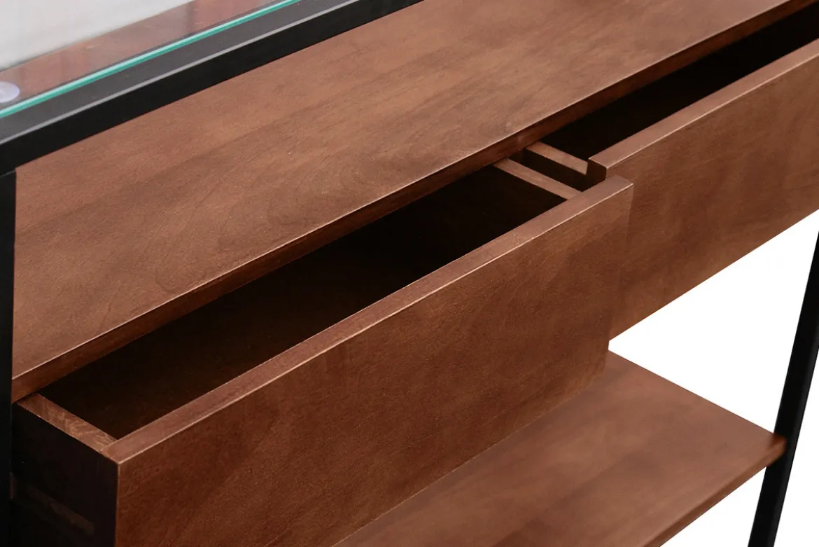 Console en bois foncé manguier massif et plateau en verre 2 tiroirs L100 cm SITA