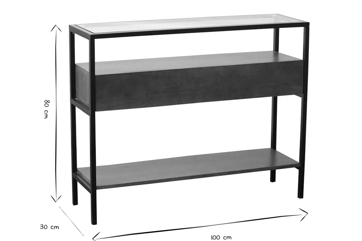 Console en bois foncé manguier massif et plateau en verre 2 tiroirs L100 cm SITA