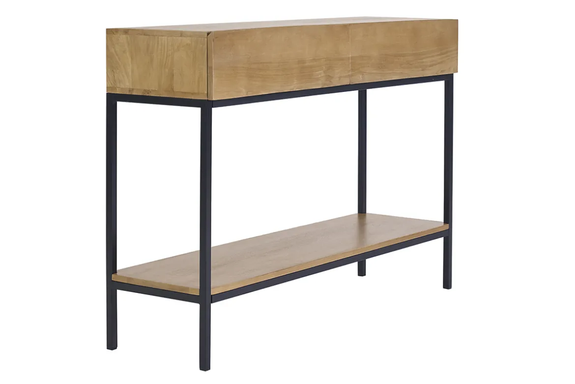 Console industrielle avec rangements 2 tiroirs en bois manguier massif et métal noir L110 cm YPSTER