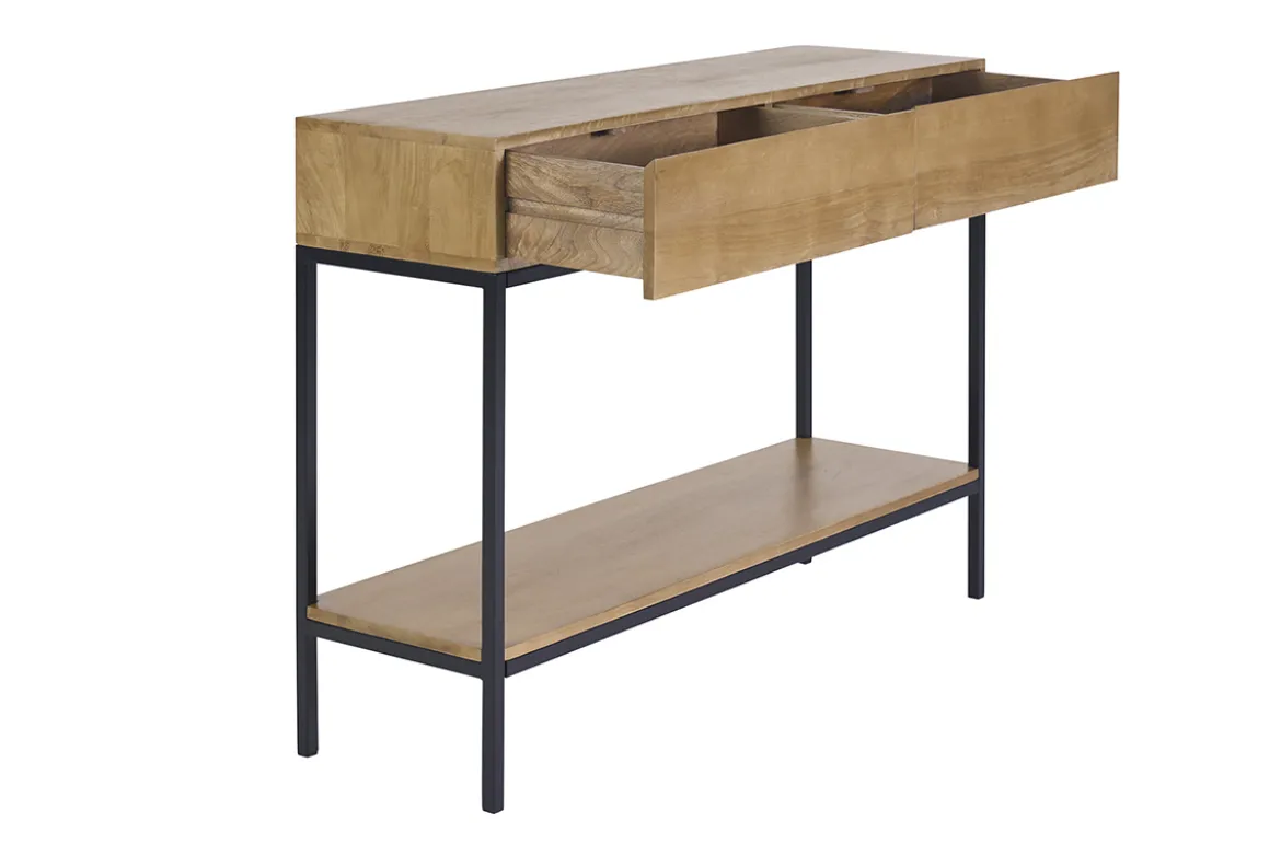 Console industrielle avec rangements 2 tiroirs en bois manguier massif et métal noir L110 cm YPSTER