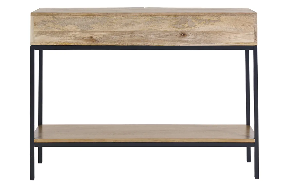 Console industrielle avec rangements 2 tiroirs en bois manguier massif et métal noir L110 cm YPSTER