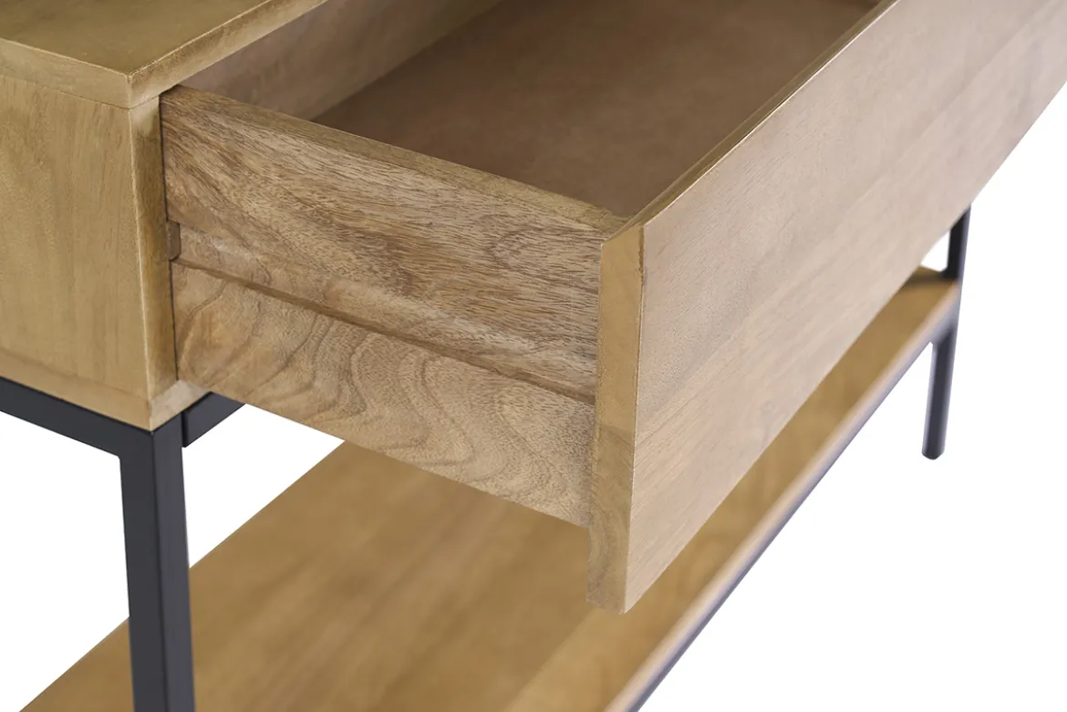 Console industrielle avec rangements 2 tiroirs en bois manguier massif et métal noir L110 cm YPSTER