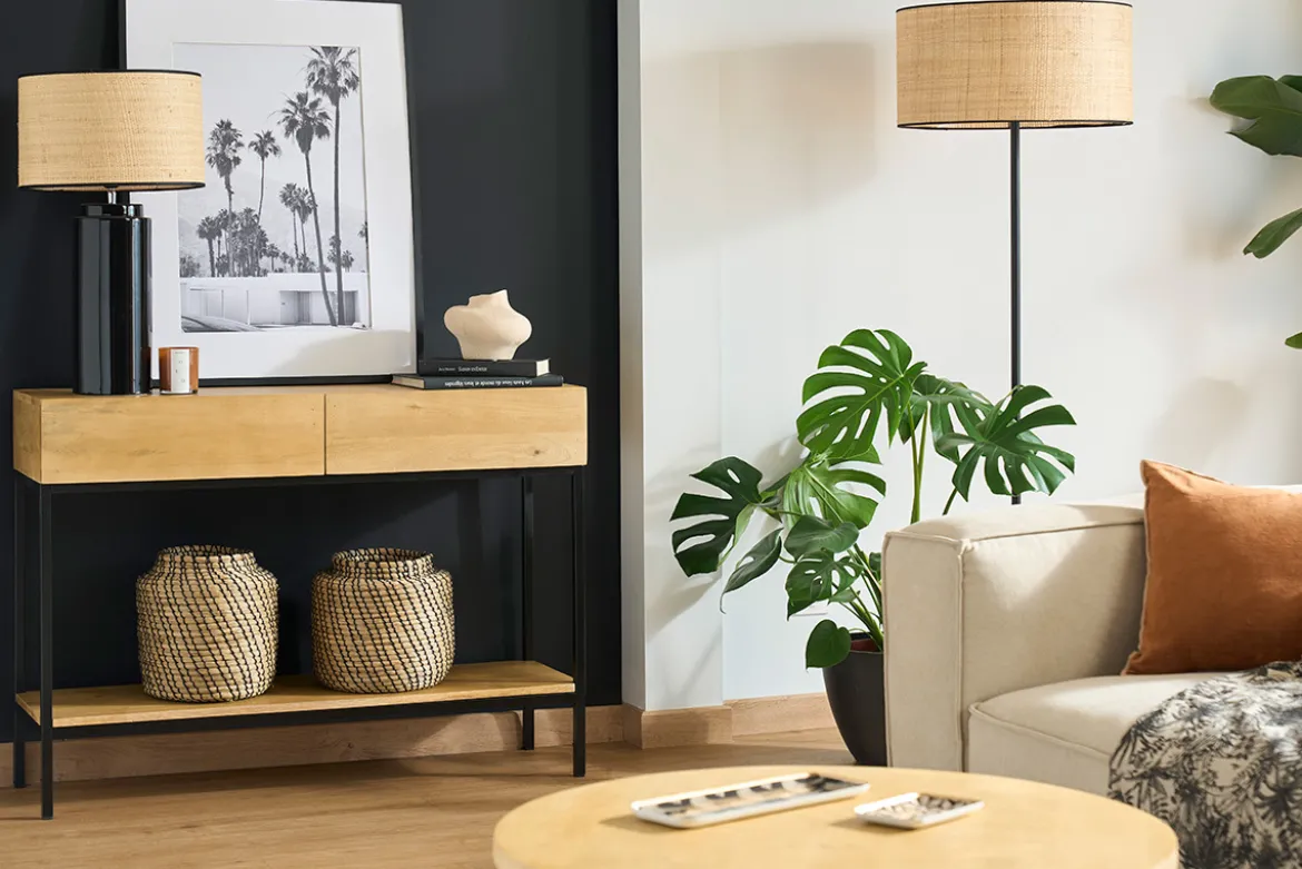Console industrielle avec rangements 2 tiroirs en bois manguier massif et métal noir L110 cm YPSTER
