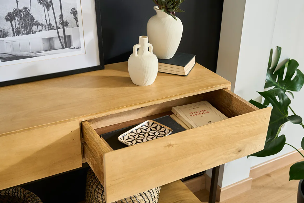 Console industrielle avec rangements 2 tiroirs en bois manguier massif et métal noir L110 cm YPSTER