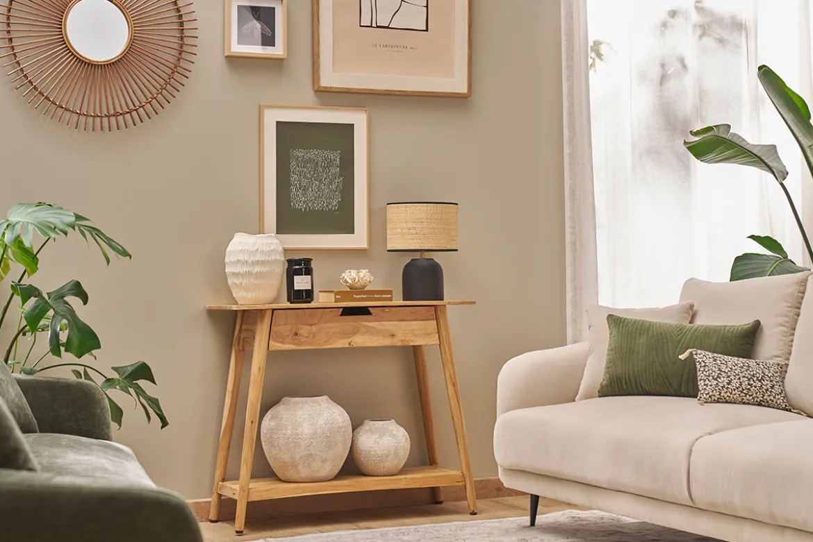 Console naturelle avec tiroir en bois massif L90 cm FRANKLIN