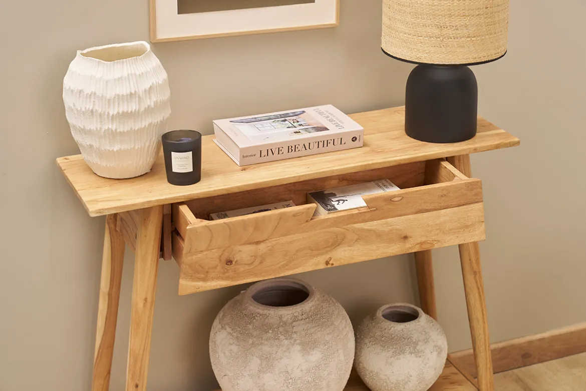 Console naturelle avec tiroir en bois massif L90 cm FRANKLIN