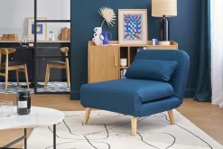 Fauteuil convertible scandinave en tissu bleu foncé et bois clair AMIKO