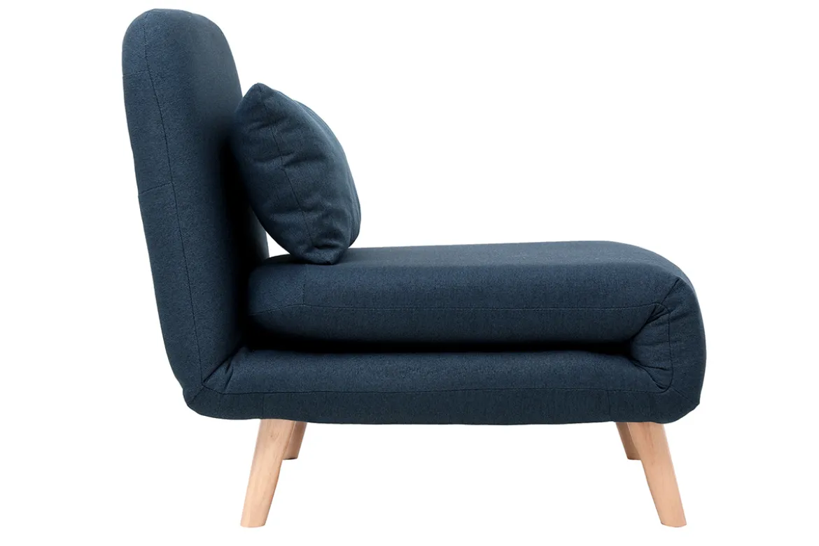 Fauteuil convertible scandinave en tissu bleu foncé et bois clair AMIKO