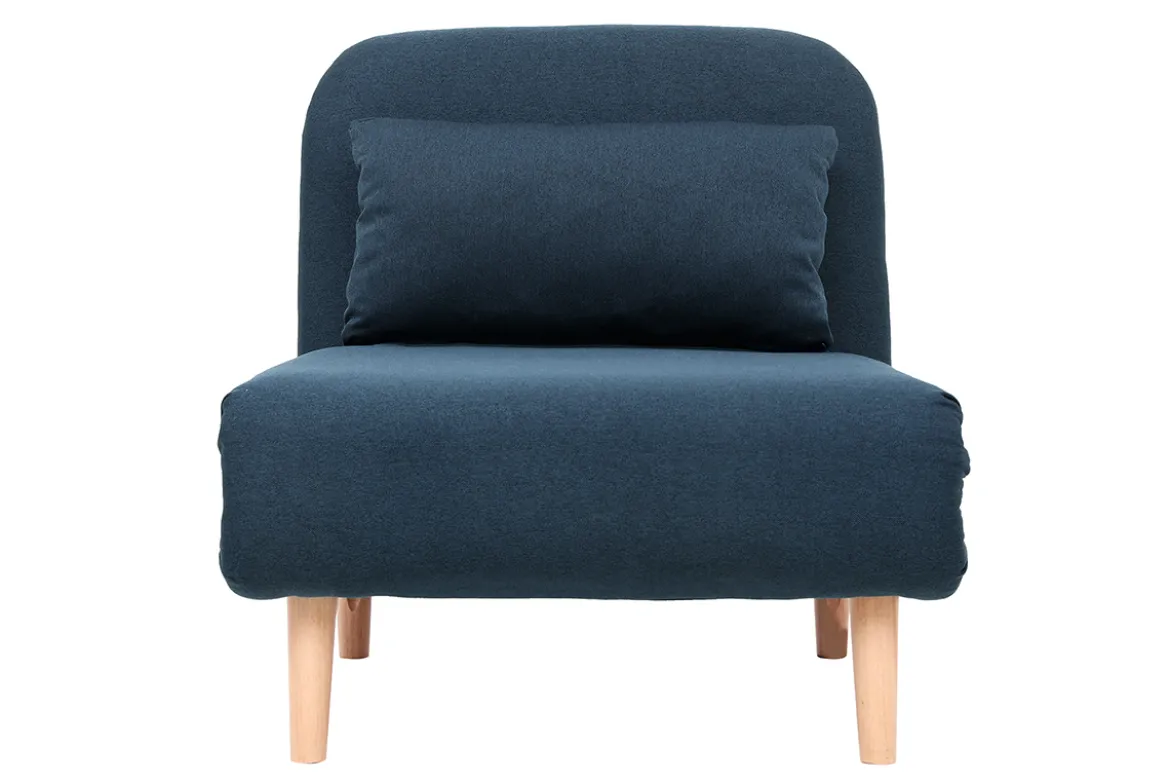 Fauteuil convertible scandinave en tissu bleu foncé et bois clair AMIKO