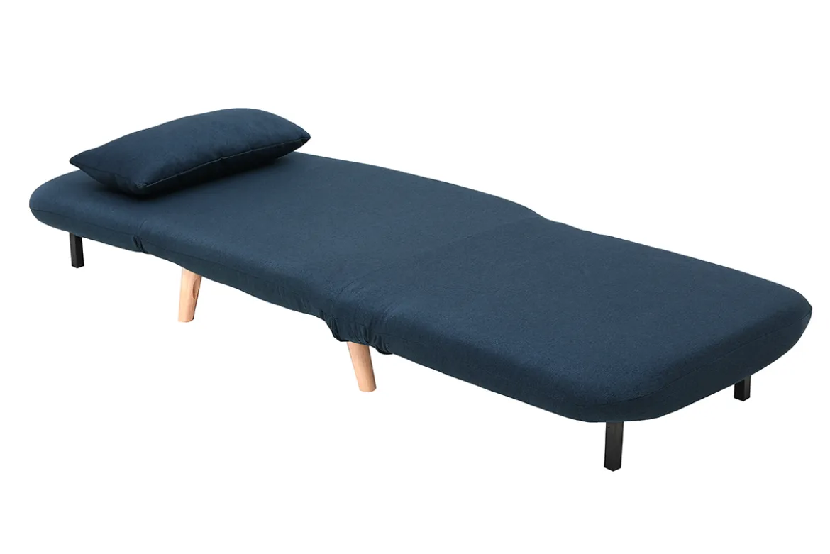 Fauteuil convertible scandinave en tissu bleu foncé et bois clair AMIKO