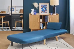 Fauteuil convertible scandinave en tissu bleu foncé et bois clair AMIKO