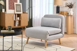 Fauteuil convertible scandinave en tissu gris clair et bois clair AMIKO
