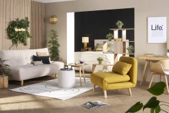 Fauteuil convertible scandinave en tissu effet velours jaune moutarde et bois clair AMIKO