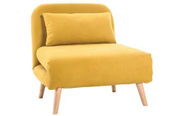Fauteuil convertible scandinave en tissu effet velours jaune moutarde et bois clair AMIKO