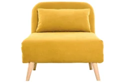 Fauteuil convertible scandinave en tissu effet velours jaune moutarde et bois clair AMIKO