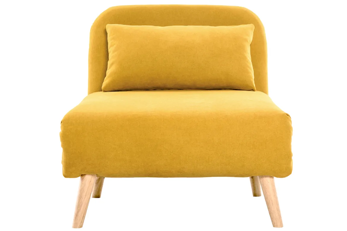 Fauteuil convertible scandinave en tissu effet velours jaune moutarde et bois clair AMIKO