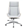 Fauteuil de bureau de direction design en tissu gris clair, bois clair et acier chromé CURVED
