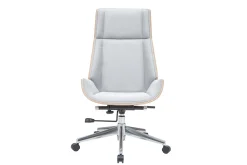 Fauteuil de bureau de direction design en tissu gris clair, bois clair et acier chromé CURVED