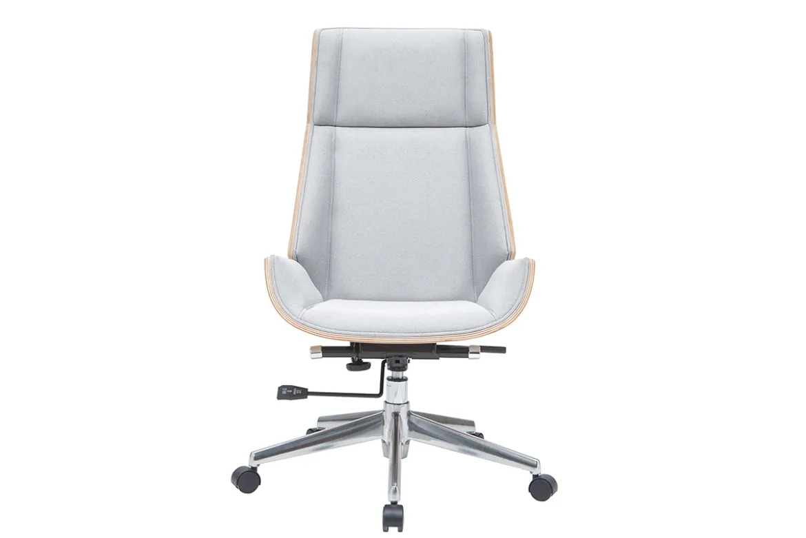 Fauteuil de bureau de direction design en tissu gris clair, bois clair et acier chromé CURVED