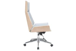 Fauteuil de bureau de direction design en tissu gris clair, bois clair et acier chromé CURVED