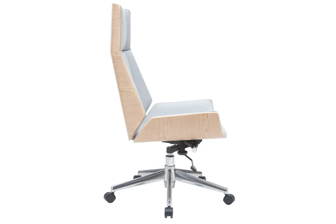 Fauteuil de bureau de direction design en tissu gris clair, bois clair et acier chromé CURVED
