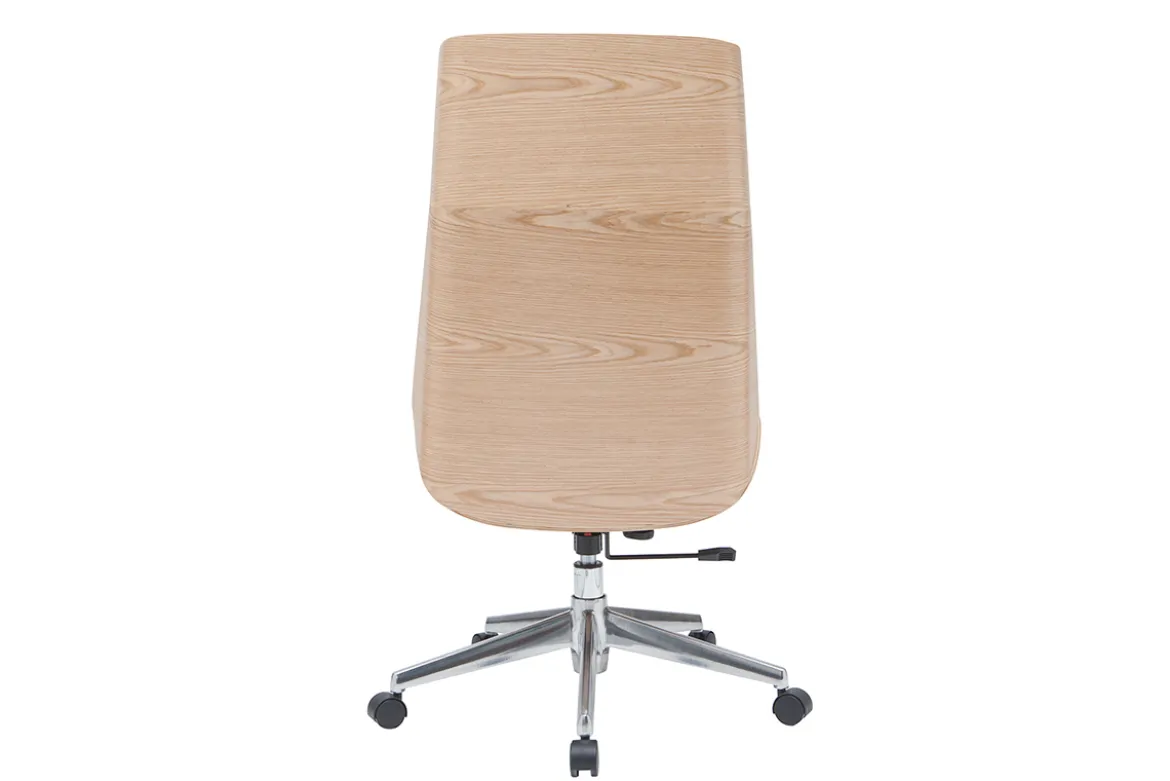 Fauteuil de bureau de direction design en tissu gris clair, bois clair et acier chromé CURVED