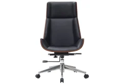 Fauteuil de bureau de direction design noir, bois foncé noyer et acier chromé CURVED
