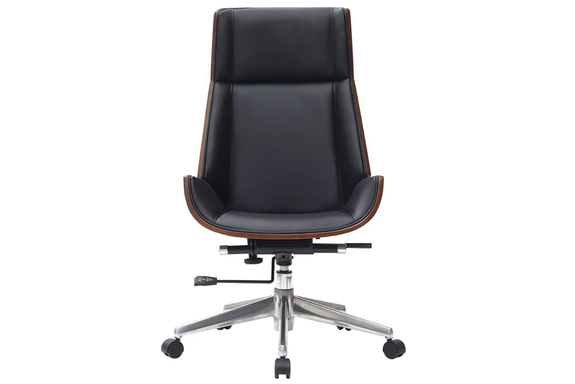 Fauteuil de bureau de direction design noir, bois foncé noyer et acier chromé CURVED