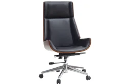 Fauteuil de bureau de direction design noir, bois foncé noyer et acier chromé CURVED