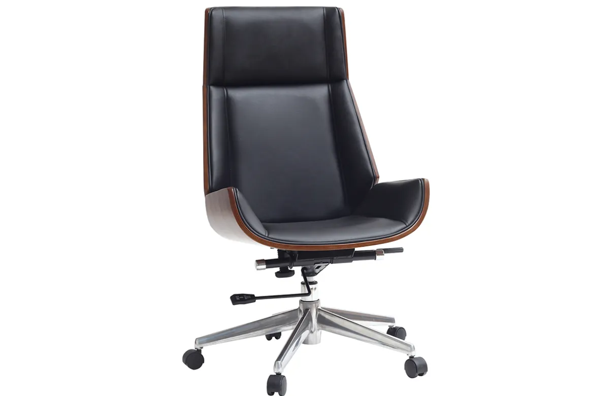 Fauteuil de bureau de direction design noir, bois foncé noyer et acier chromé CURVED