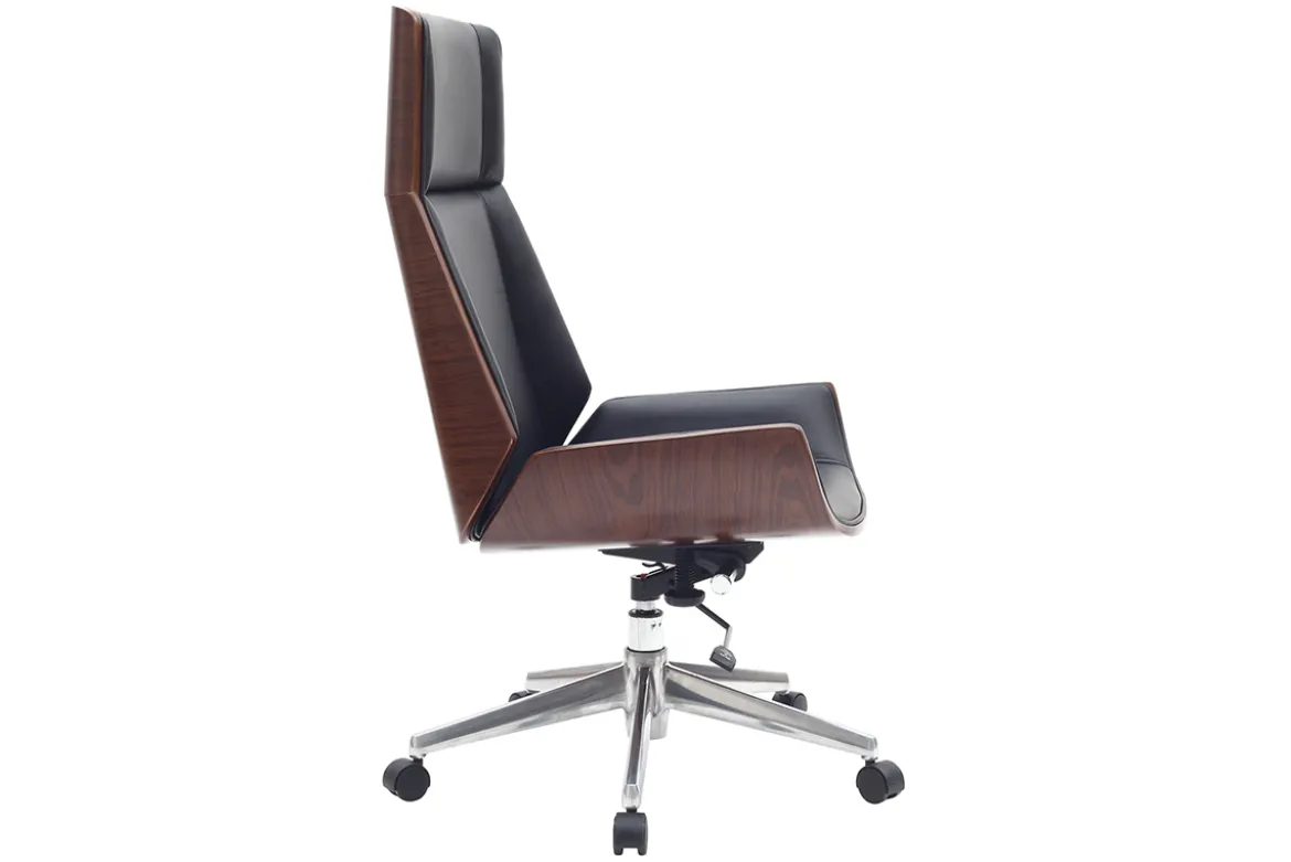 Fauteuil de bureau de direction design noir, bois foncé noyer et acier chromé CURVED