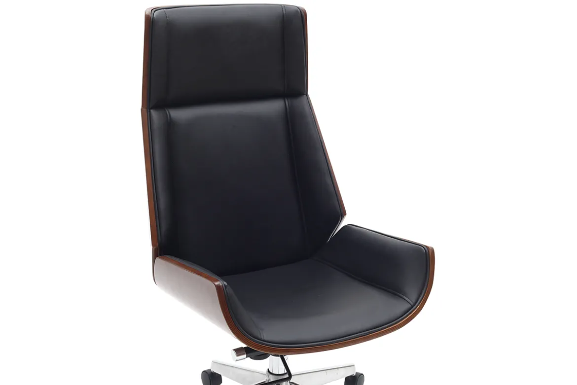 Fauteuil de bureau de direction design noir, bois foncé noyer et acier chromé CURVED
