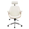 Fauteuil de bureau de direction design blanc, bois clair et acier chromé MUSK