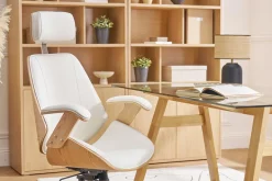 Fauteuil de bureau de direction design blanc, bois clair et acier chromé MUSK