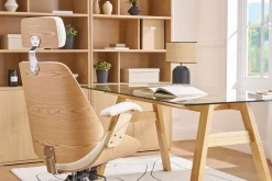 Fauteuil de bureau de direction design blanc, bois clair et acier chromé MUSK