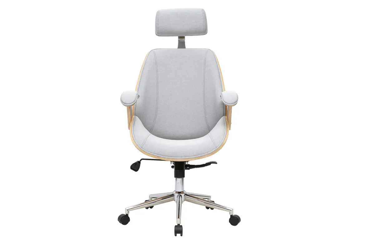 Fauteuil de bureau de direction design en tissu gris, bois clair et acier chromé MUSK