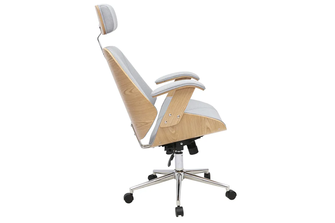 Fauteuil de bureau de direction design en tissu gris, bois clair et acier chromé MUSK
